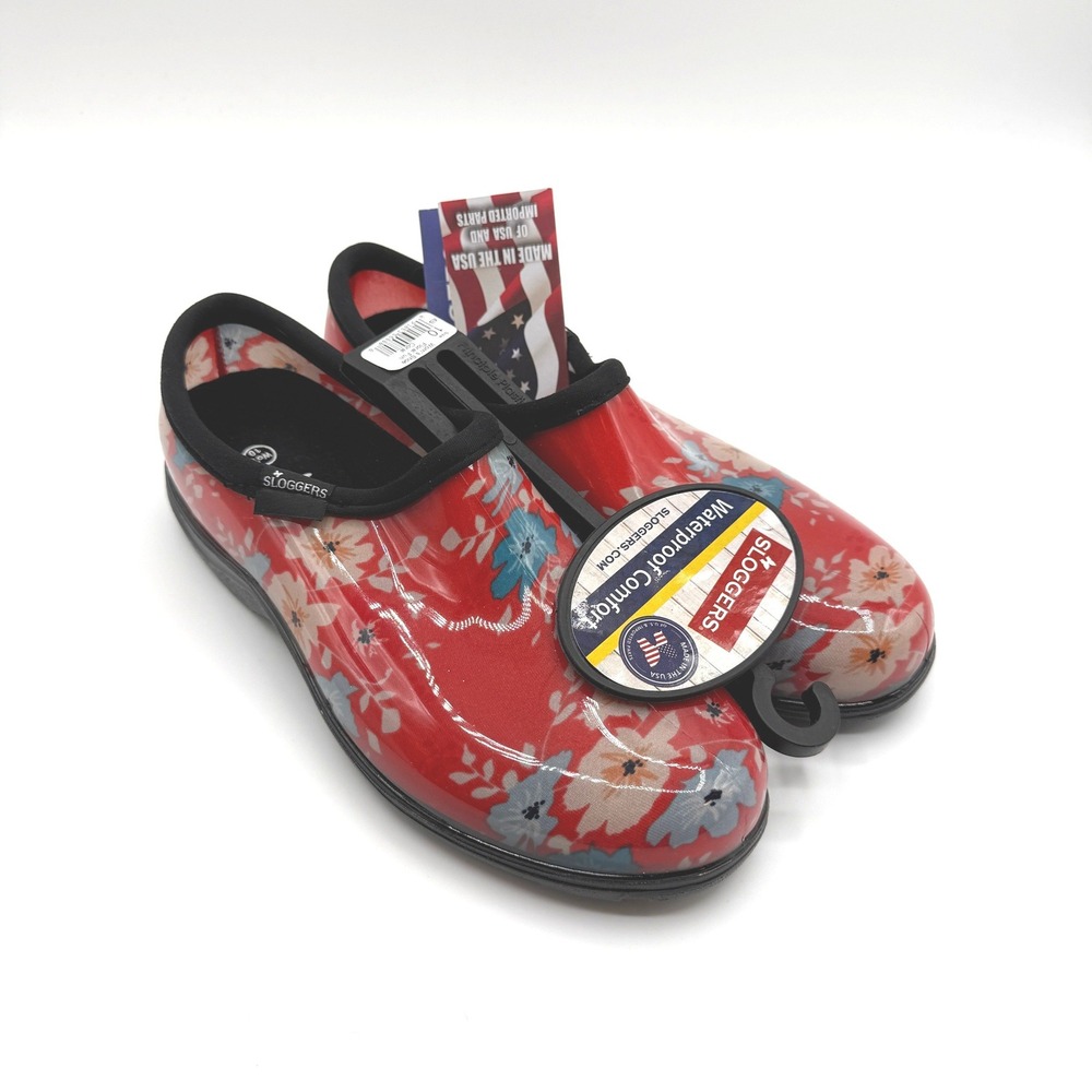 Sloggers Garden Shoes Womens 10 Red Floral Fun Waterproof Rain Clogs NEW